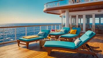 Empty sun loungers on the deck of a luxury cruise ship photo