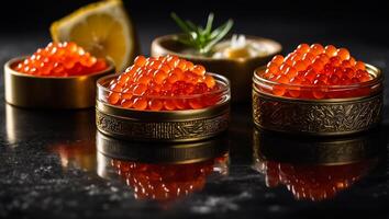 Fresh red caviar on the table photo