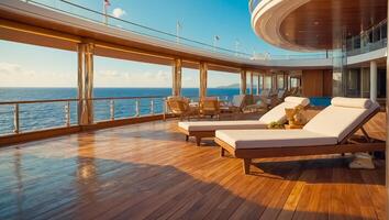 Empty sun loungers on the deck of a luxury cruise ship photo