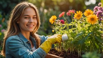 sonriente mujer vistiendo guantes en el jardín foto