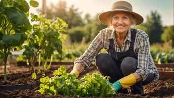 sonriente mayor mujer vistiendo jardinería guantes en el vegetal jardín foto