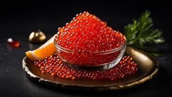 Fresh red caviar on the table photo