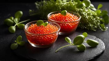 Fresh red caviar on the table photo