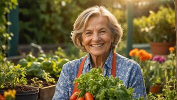 sonriente mayor mujer vistiendo jardinería guantes en el vegetal jardín foto