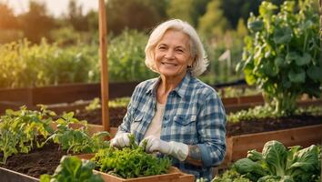 sonriente mayor mujer vistiendo jardinería guantes en el vegetal jardín foto