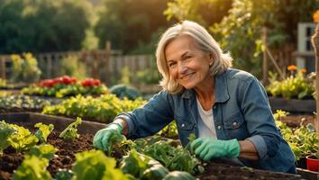 sonriente mayor mujer vistiendo jardinería guantes en el vegetal jardín foto