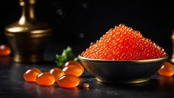 Fresh red caviar on the table photo