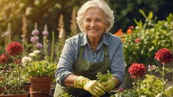 Smiling elderly woman wearing gloves in the garden photo