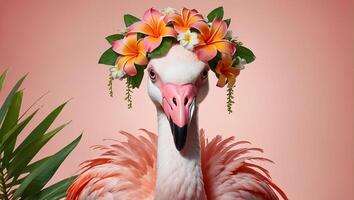 Gorgeous pink flamingo, flowers on a colored background photo