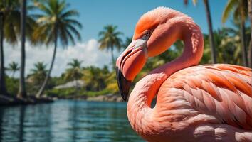 Gorgeous pink flamingo in summer photo