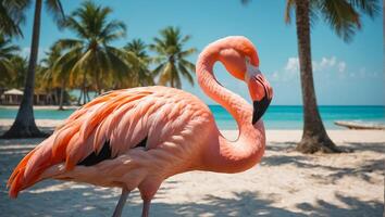 Gorgeous pink flamingo in summer photo