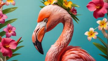 Gorgeous pink flamingo, flowers on a colored background photo