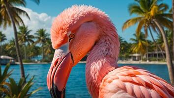Gorgeous pink flamingo in summer photo