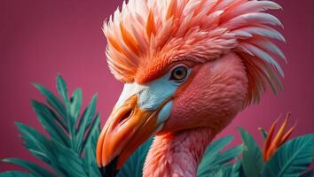 Gorgeous pink flamingo, flowers on a colored background photo