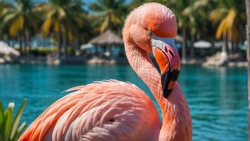 Gorgeous pink flamingo in summer photo