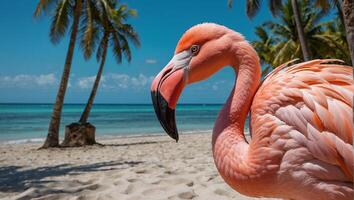 Gorgeous pink flamingo in summer photo