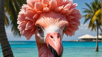 Gorgeous pink flamingo in summer nature photo