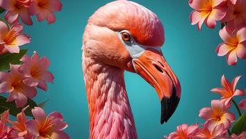 Gorgeous pink flamingo, flowers on a colored background photo