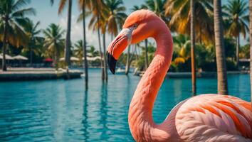 Gorgeous pink flamingo in summer photo