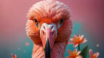 Gorgeous pink flamingo, flowers on a colored background photo