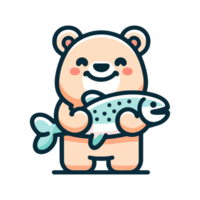 cute bear catches fish icon character png