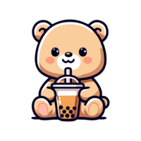 cute bear drinking boba icon character png