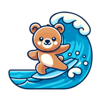 schattig beer spelen surfing in de zee zomer thema icoon karakter png