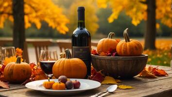 lentes de vino, otoño hojas en el mesa en naturaleza, calabazas foto