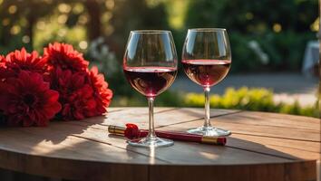vaso con rojo vino, flores en el mesa en naturaleza foto