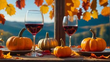 lentes de vino, otoño hojas en el mesa en naturaleza, calabazas foto