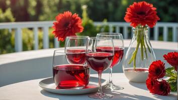 glass with red wine, flowers on the table in nature photo