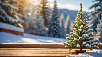 Empty wooden board, snow, Christmas tree photo