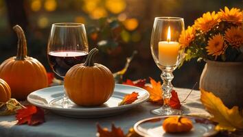 Glasses with wine, autumn leaves on the table in nature photo