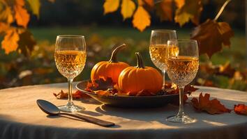 lentes de vino, otoño hojas en el mesa en naturaleza, calabazas foto