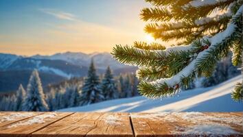 Empty wooden board, snow, Christmas tree photo