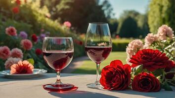 glass with red wine, flowers on the table in nature photo