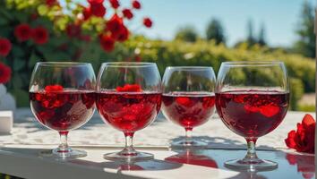 glass with red wine, flowers on the table in nature photo