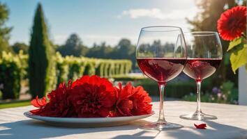 glass with red wine, flowers on the table in nature photo