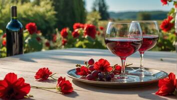 glass with red wine, flowers on the table in nature photo