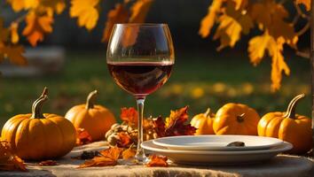 lentes de vino, otoño hojas en el mesa en naturaleza, calabazas foto