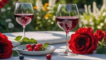 glass with red wine, flowers on the table in nature photo