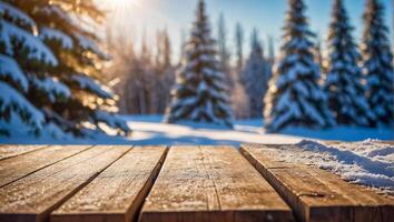 Empty wooden board, snow, Christmas tree photo