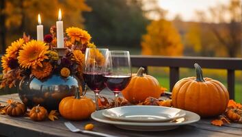 Glasses of wine, autumn leaves on the table in nature, pumpkins photo