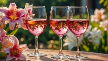 lentes con rosado vino, flores en el mesa en naturaleza foto