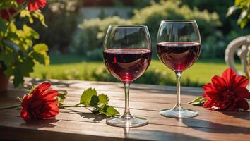 glass with red wine, flowers on the table in nature photo