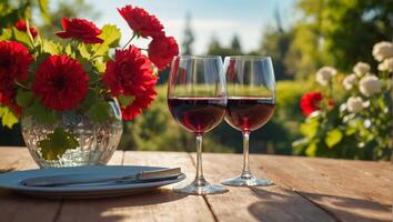 glass with red wine, flowers on the table in nature photo