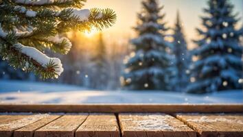 Empty wooden board, snow, Christmas tree photo