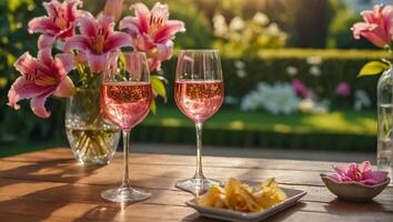 lentes con rosado vino, flores en el mesa en naturaleza foto