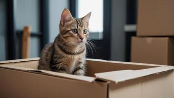 Cute cat, box in the apartment photo