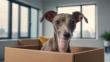 Cute dog, box in the apartment photo